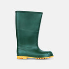 A green Classic Wellies Green Wellington boot, featuring a contrasting yellow sole, stands against a plain, light grey background.
